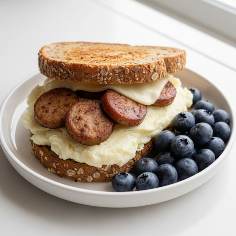 Egg White and Chicken Sausage Breakfast Sandwich with Whole Grain Bread and Low-Fat Cheese