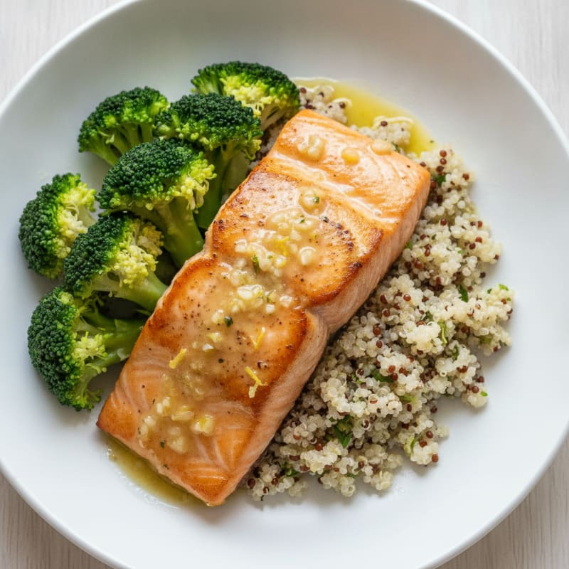 Lemon Garlic Pan Seared Salmon with Quinoa and Steamed Broccoli