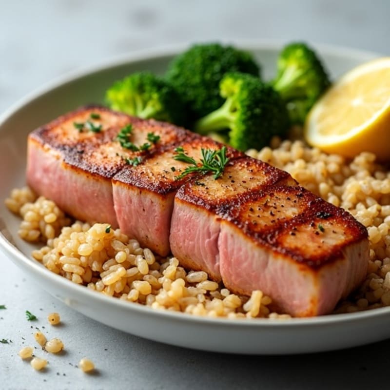 Seared Tuna Steak with Steamed Broccoli and Brown Rice