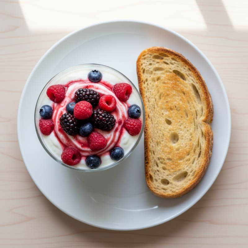 Greek Yogurt Parfait with Frozen Berries and Sourdough Toast