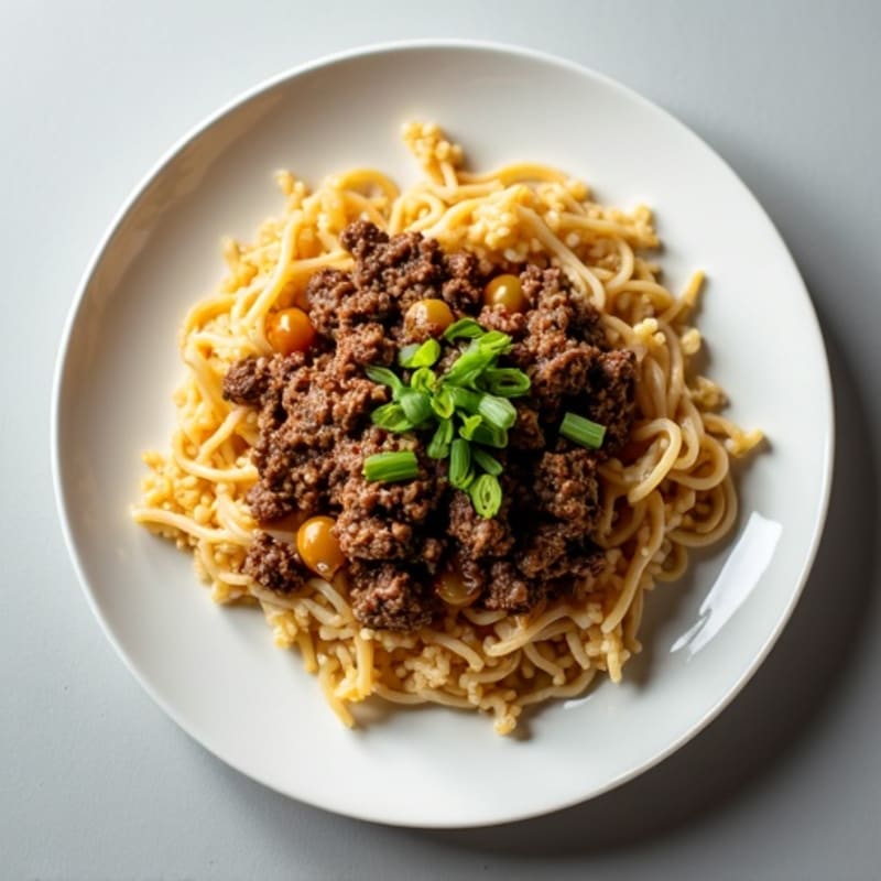 Garlicky Ground Beef with Steamed Rice and Saucy Noodles