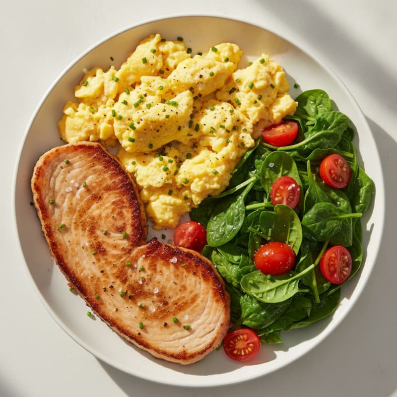 Scrambled Eggs with Turkey Bacon Steak