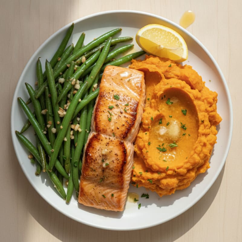 Seared Salmon with Garlic Green Beans and Sweet Potato Mash