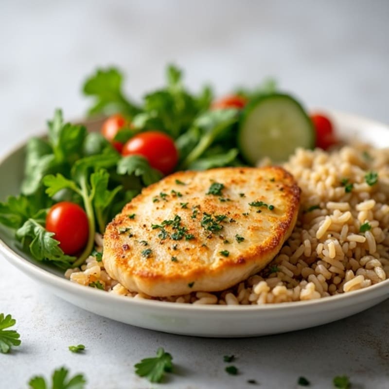 Lemon Herb Chicken with Fluffy Brown Rice and Crispy Green Salad