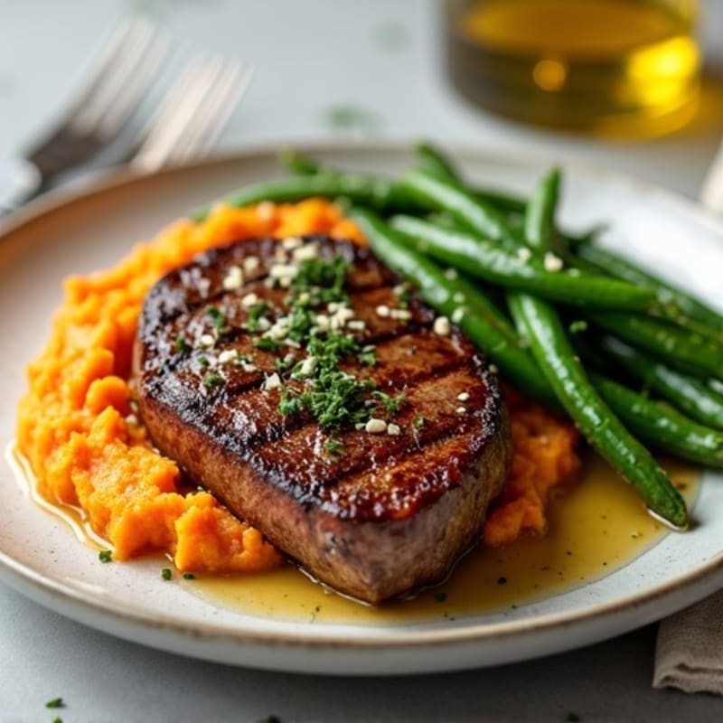 Seared Sirloin Steak with Garlic Green Beans and Sweet Potato Mash