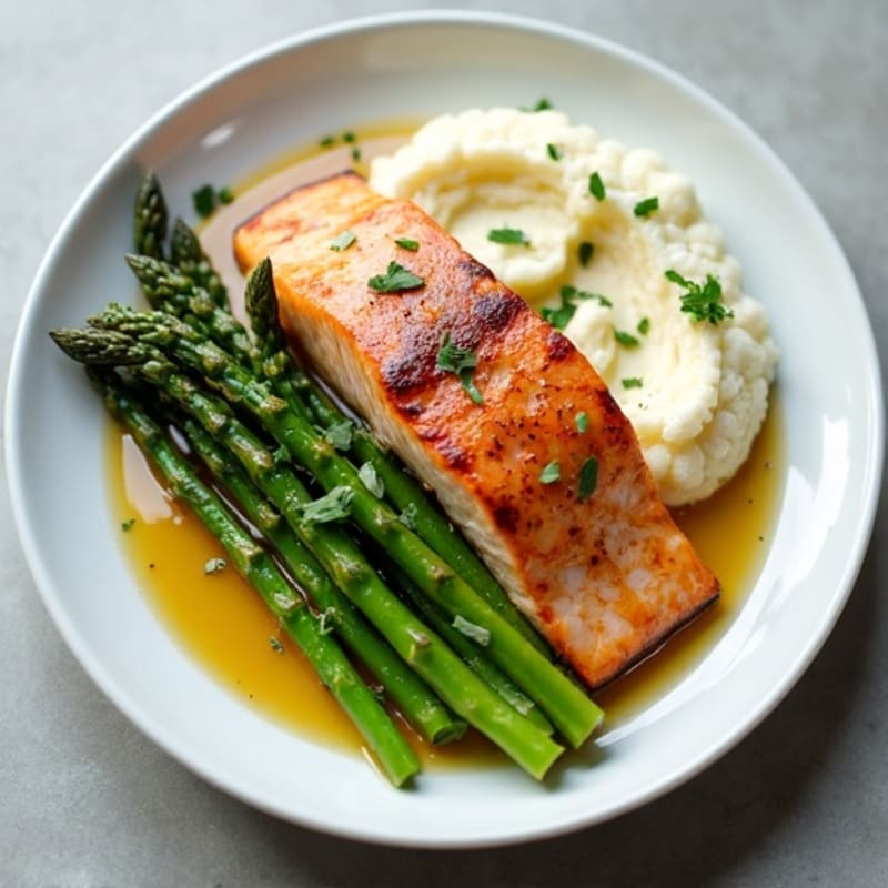 Seared Salmon with Steamed Asparagus and Cauliflower Mash