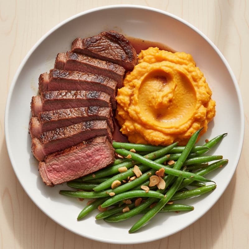 Seared Sirloin Steak with Garlic Green Beans and Sweet Potato Mash