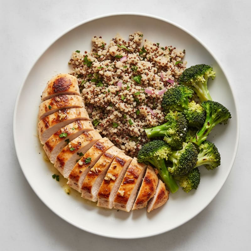 Grilled Lemon Garlic Chicken Breast with Quinoa and Steamed Broccoli