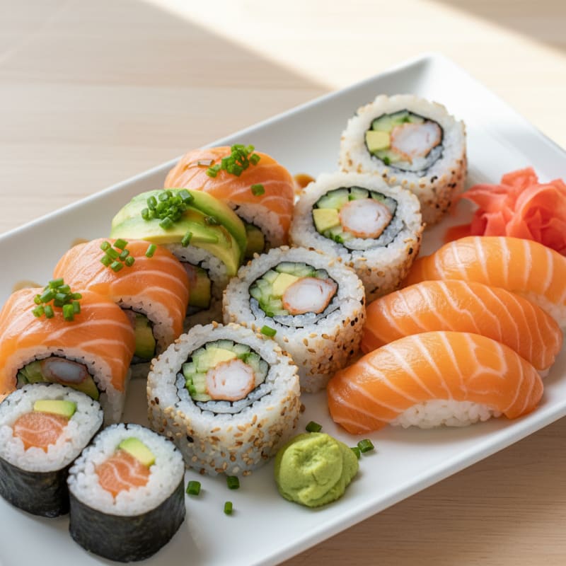 Assorted Fresh Sushi Rolls with Wasabi