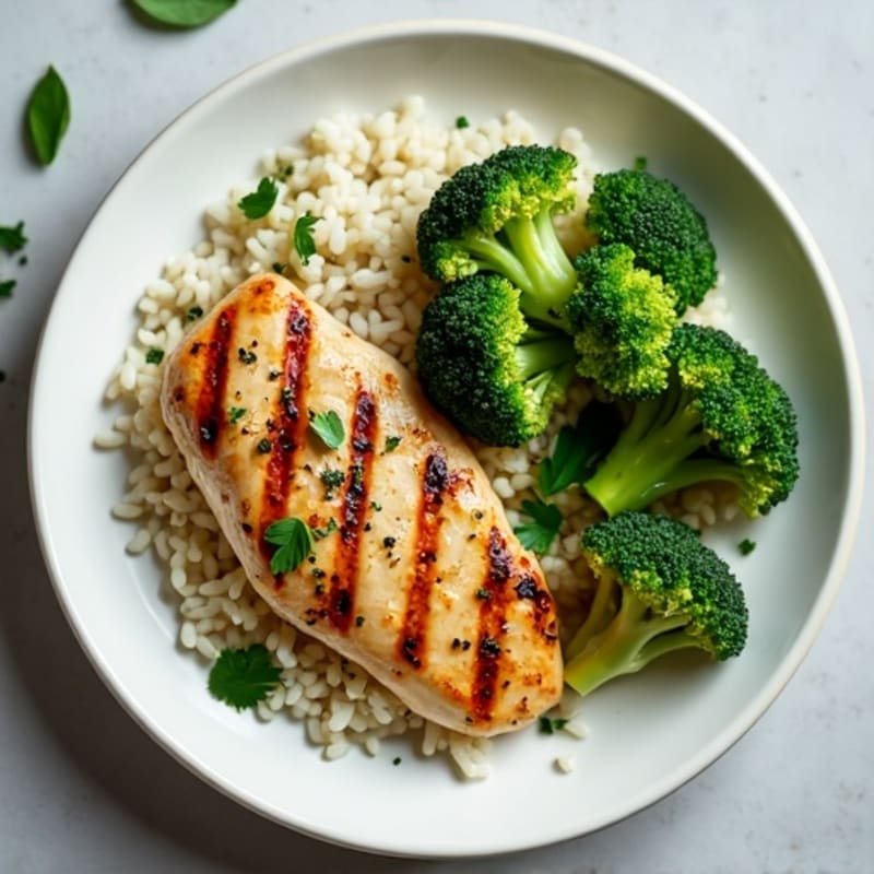Grilled Chicken Breast with Steamed Broccoli and Herb Rice