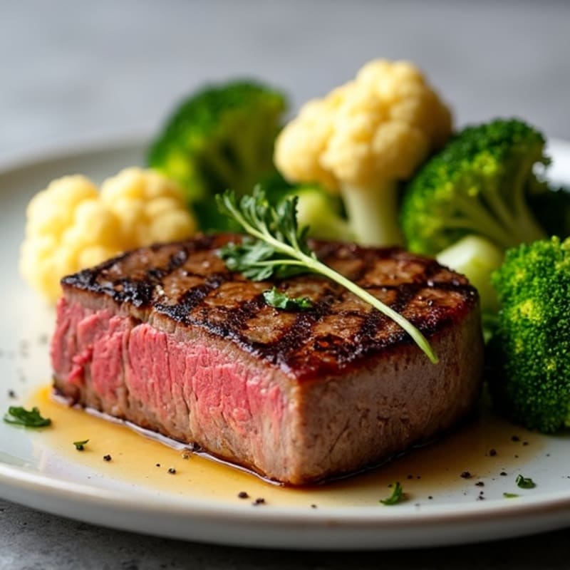 Seared Lean Beef with Roasted Broccoli and Cauliflower