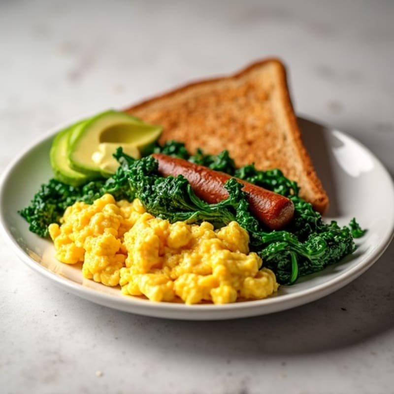 Egg White Scramble with Turkey Sausage and Sautéed Spinach