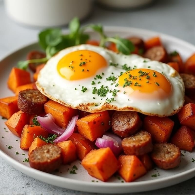 Crispy Sweet Potato and Chicken Sausage Hash with Fried Eggs