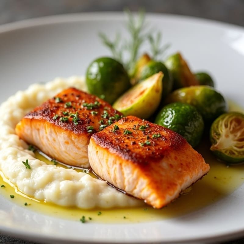 Seared Salmon with Roasted Brussels Sprouts and Garlic Cauliflower Mash