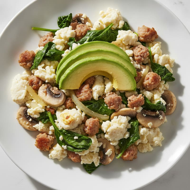 Egg White and Turkey Sausage Scramble with Spinach and Mushrooms