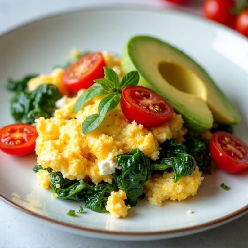 Egg White Spinach Scramble with Cottage Cheese and Cherry Tomatoes