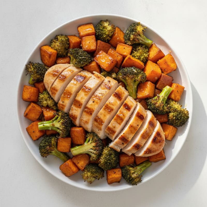 Grilled Chicken and Sweet Potato Bowl with Roasted Broccoli