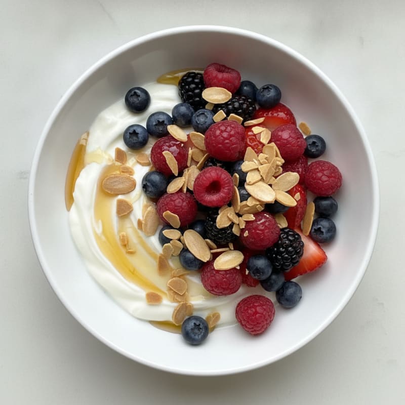Silky Greek Yogurt with Mixed Berries and Toasted Almonds