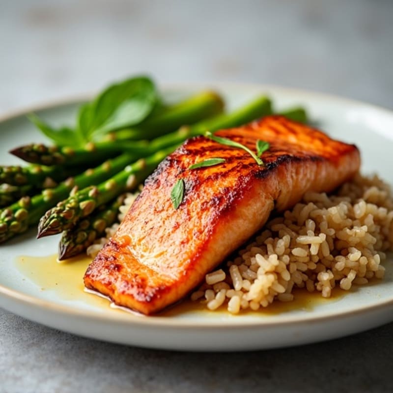 Seared Salmon Filet with Steamed Asparagus and Brown Rice