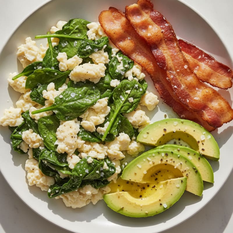 Crispy Turkey Bacon and Egg White Scramble with Sautéed Spinach