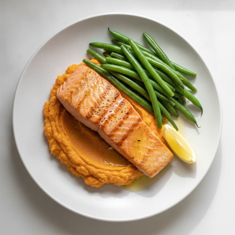 Seared Salmon Fillet with Steamed Green Beans and Sweet Potato Mash