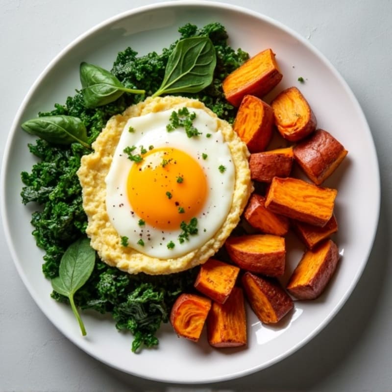 Fluffy Egg and Spinach Scramble with Roasted Sweet Potatoes