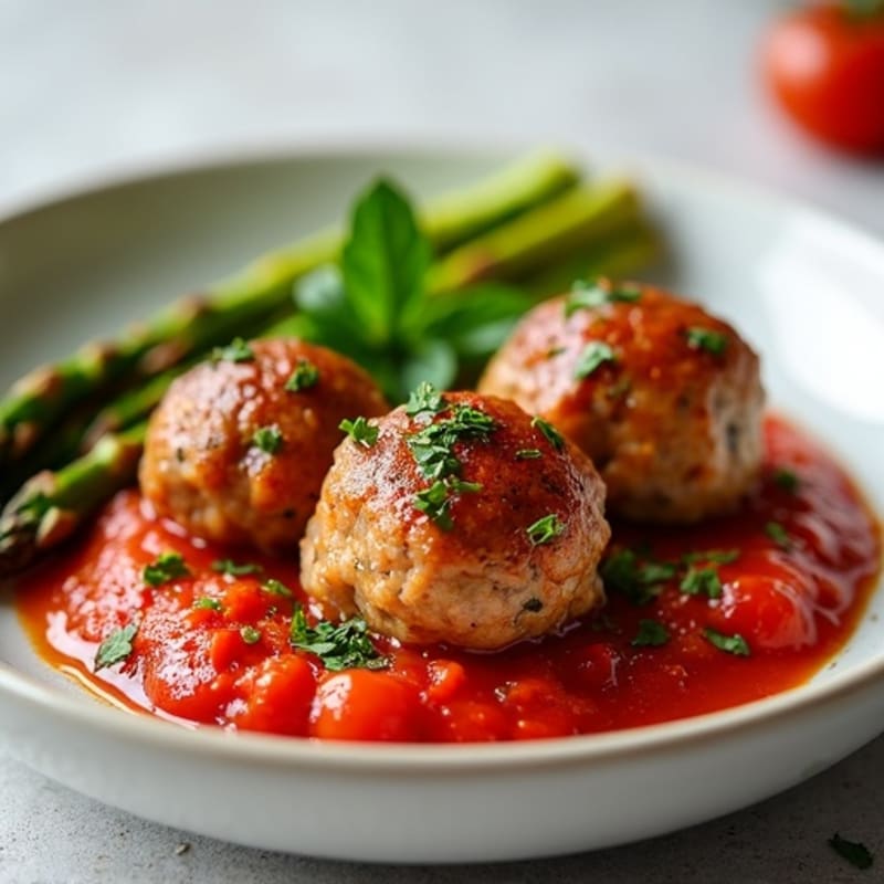 Herb-Loaded Lean Turkey Meatballs with Fresh Tomato Sauce and Roasted Asparagus
