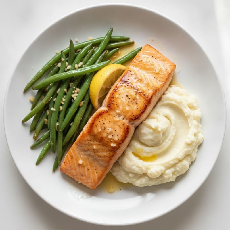 Seared Salmon with Garlic Green Beans and Mashed Cauliflower
