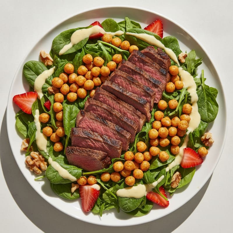 Grilled Beef Steak Salad with Leafy Greens and Roasted Chickpeas