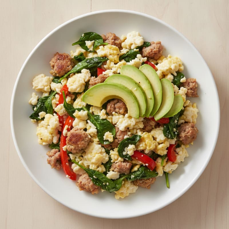 Egg White and Turkey Sausage Scramble with Sautéed Spinach