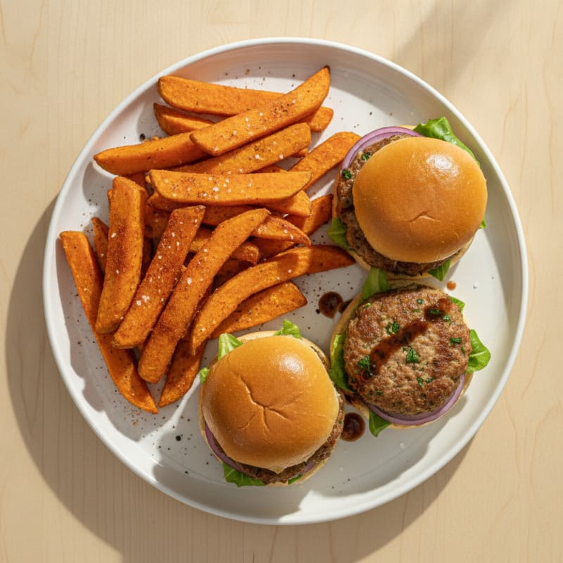 Air-Fried Sweet Potato Fries with Lean Turkey Sliders
