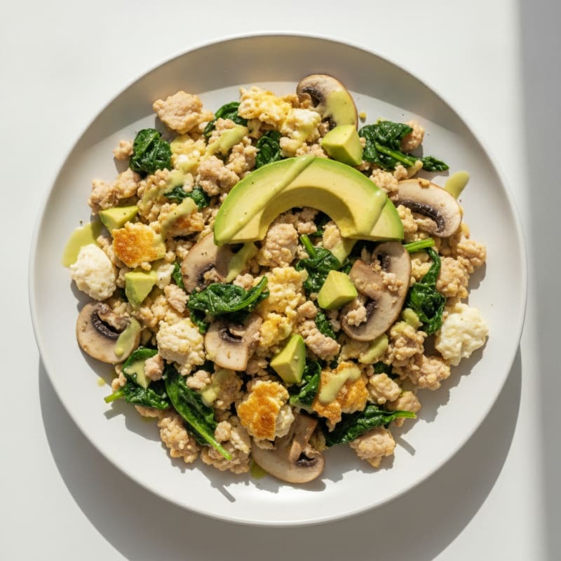 Egg White and Turkey Spinach Scramble with Sautéed Mushrooms