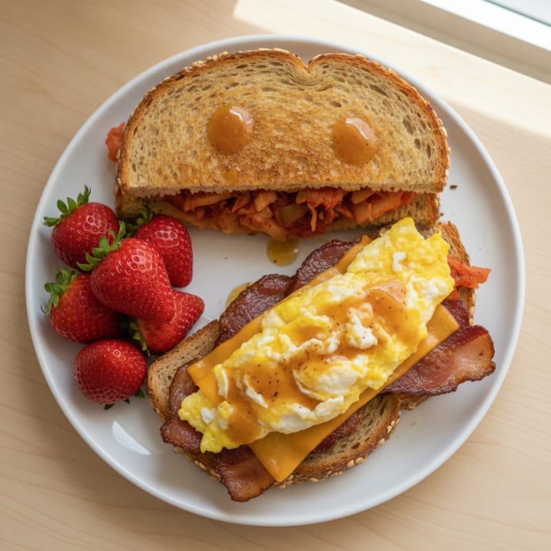 Beef Bacon Egg Kimchi Sandwich with Fruit