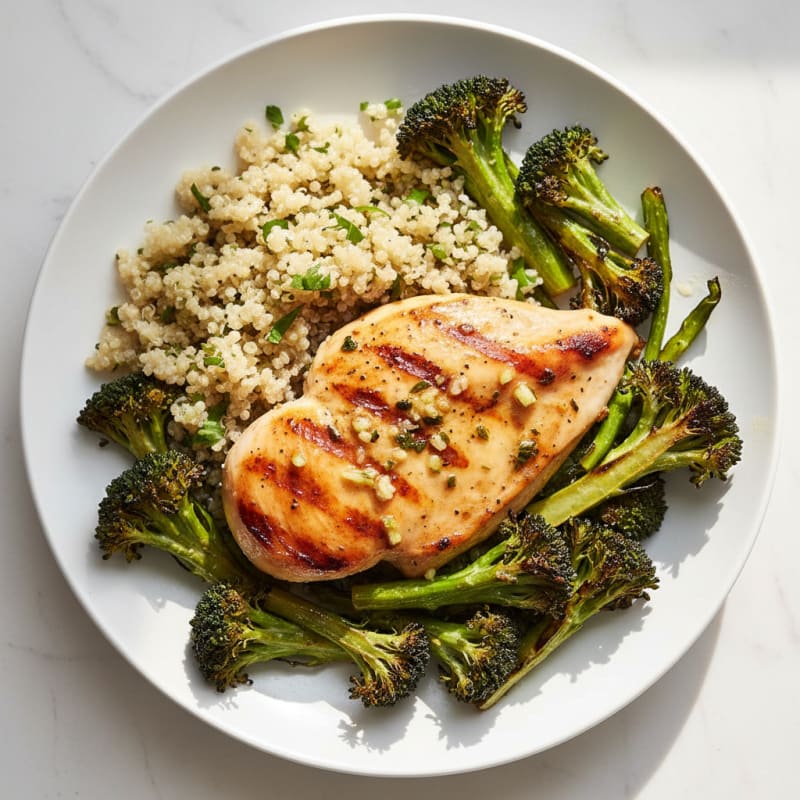 Grilled Lemon Garlic Chicken Breast with Quinoa and Roasted Broccoli