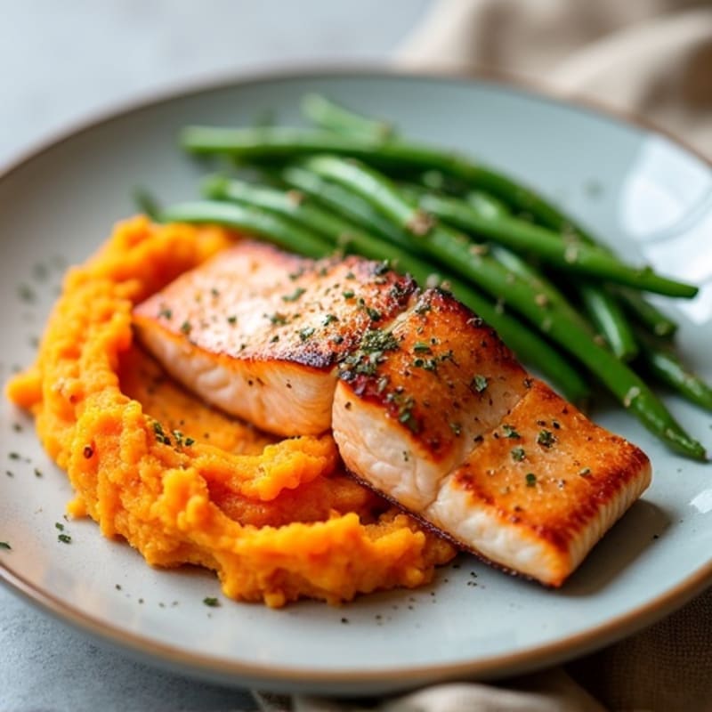 Seared Salmon Filet with Steamed Green Beans and Sweet Potato Mash