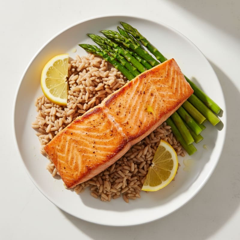 Seared Salmon with Steamed Asparagus and Brown Rice