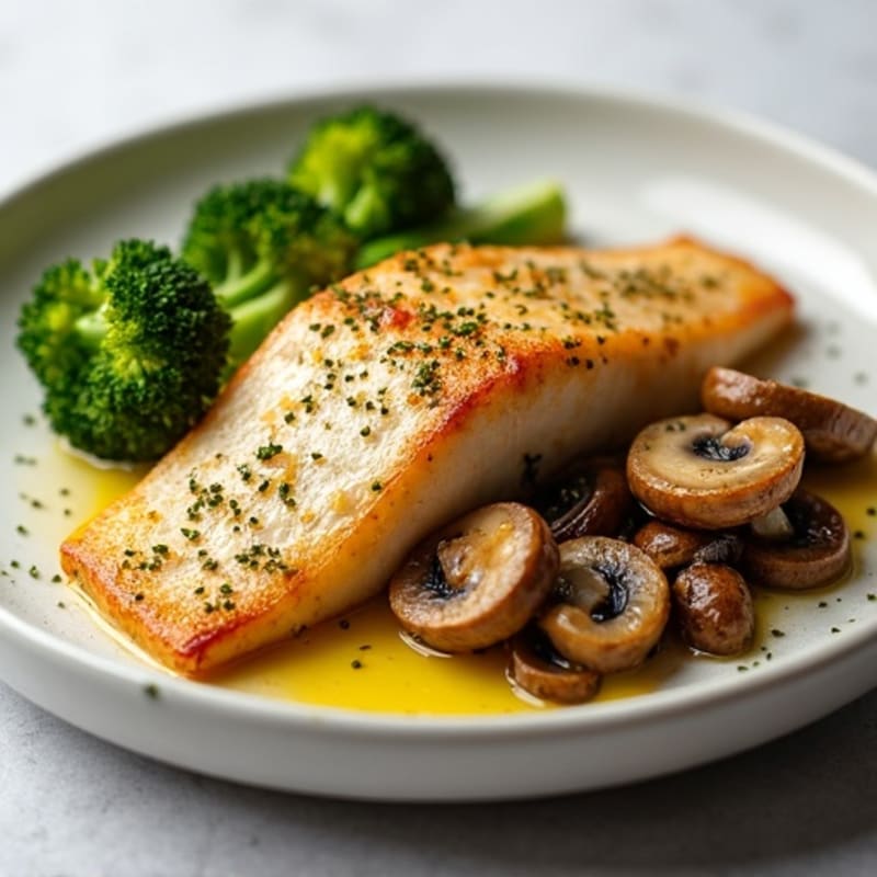 Seared Cod Fillet with Steamed Broccoli and Garlic Mushrooms