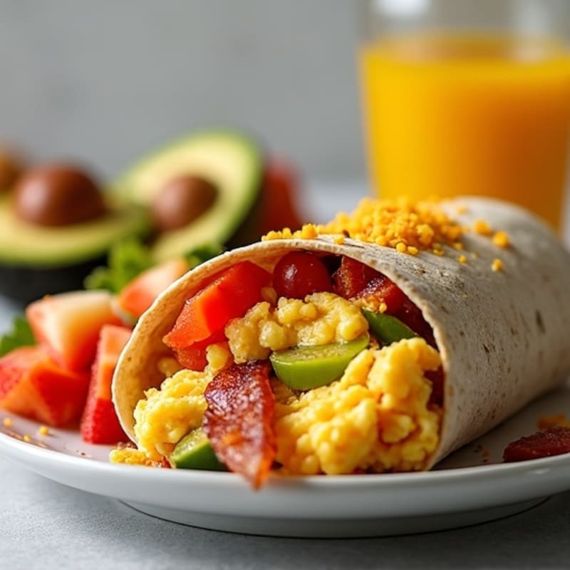 Crispy Turkey Bacon and Egg Breakfast Burrito with Sautéed Peppers