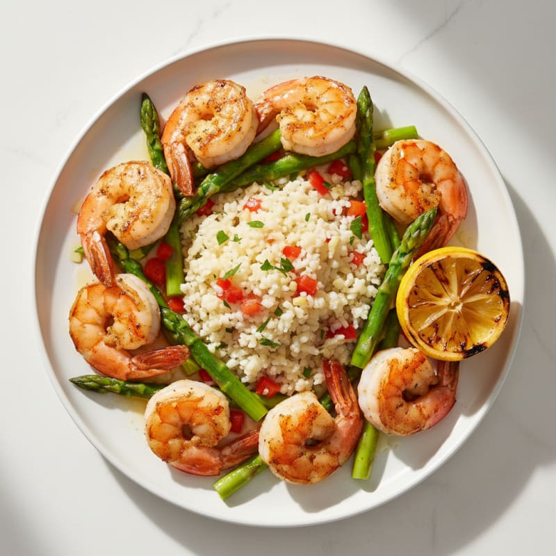 Seared Shrimp with Asparagus and Cauliflower Rice