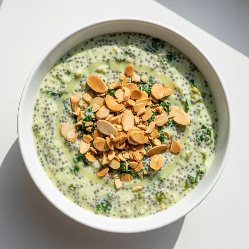 Creamy Kefir Chia Pudding with Toasted Nuts and Kale