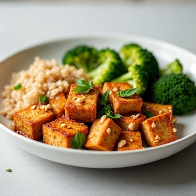 Crispy Peanut Tofu with Roasted Broccoli and Brown Rice