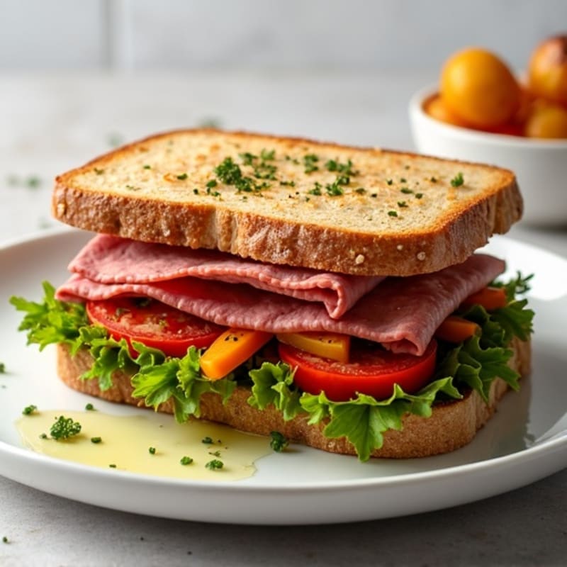 Tender Beef Sandwich with Roasted Vegetables and Whole Grain Bread