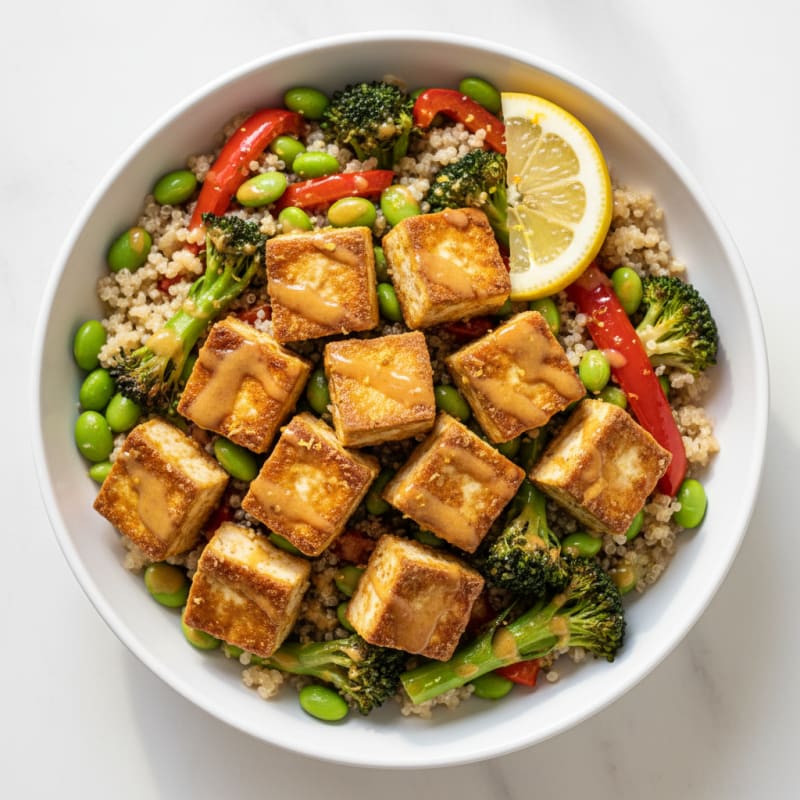 Crispy Tofu and Quinoa Power Bowl with Roasted Vegetables