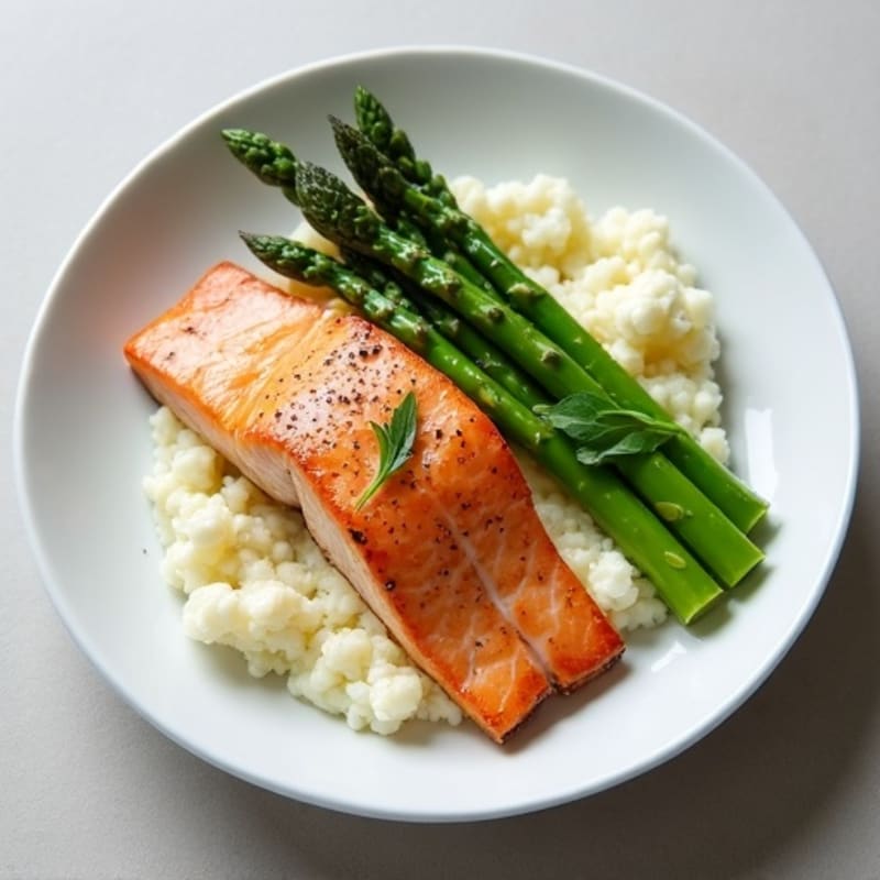 Seared Salmon with Steamed Asparagus and Cauliflower Mash