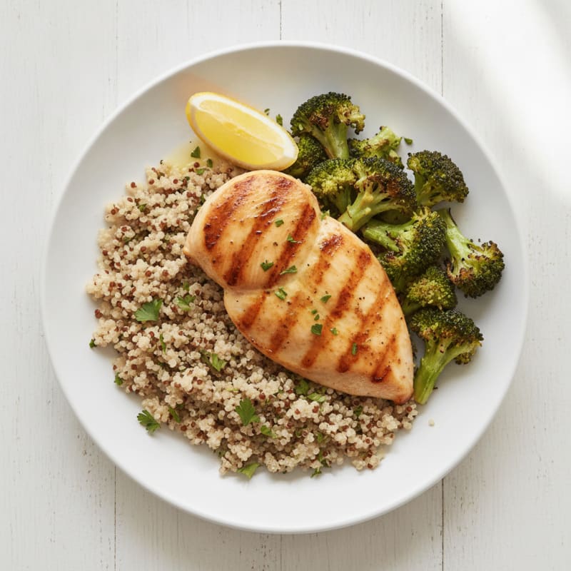 Grilled Chicken Breast with Roasted Broccoli and Quinoa