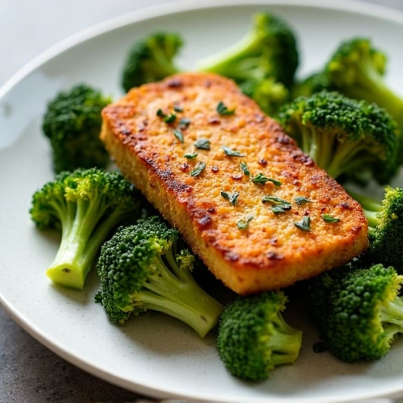 Crispy Pan-Seared Tempeh with Garlic Roasted Broccoli