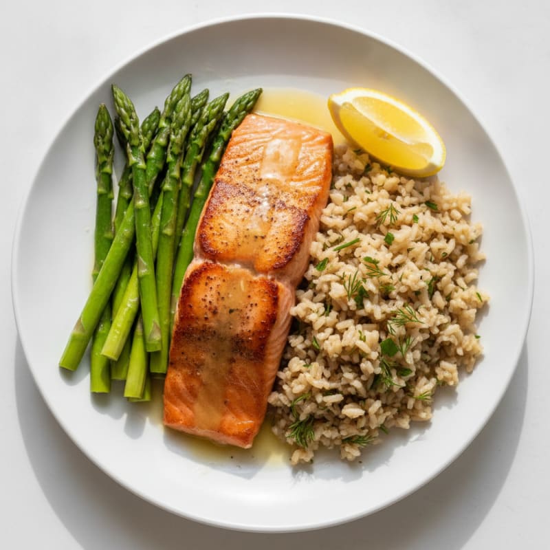 Seared Salmon Fillet with Steamed Asparagus and Herbed Brown Rice