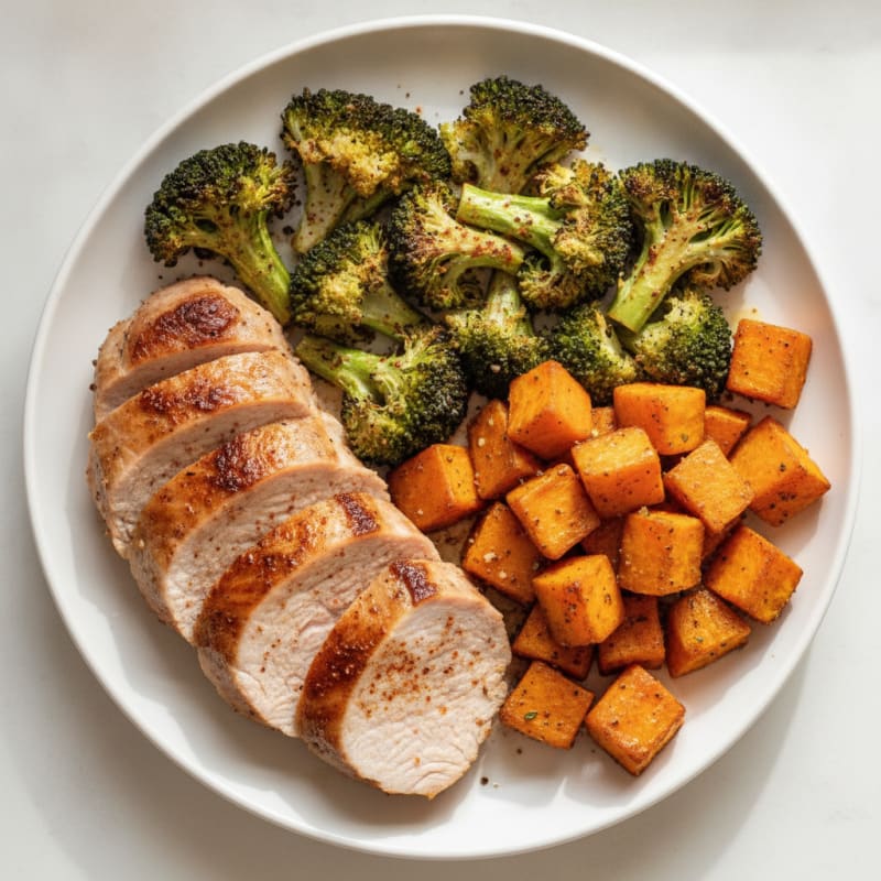 Seared Turkey Tenderloin with Roasted Broccoli and Sweet Potato
