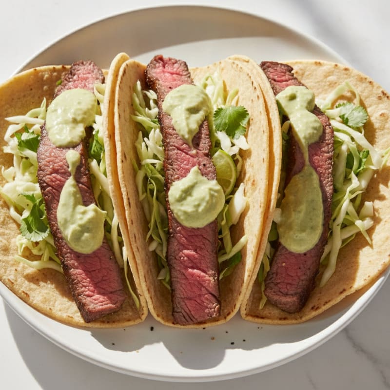 Pan-Seared Steak Tacos with Avocado Crema
