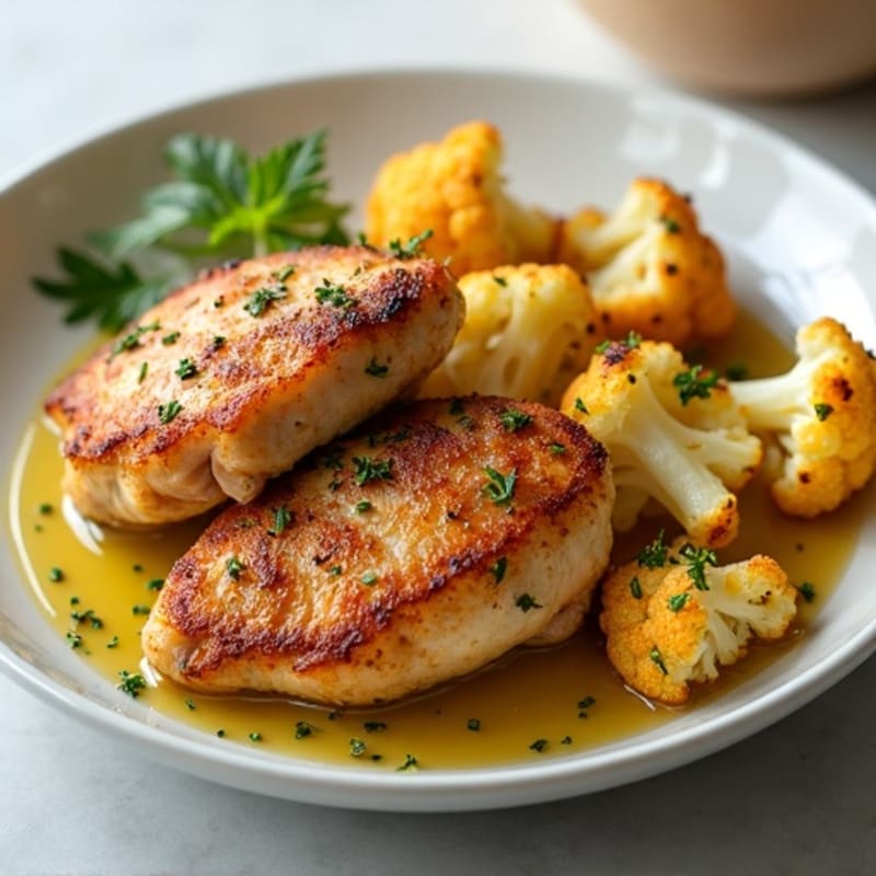 Crispy Roasted Cauliflower and Chicken Thighs with Garlic Herbs